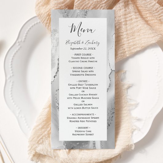 Moderne Grijze Zilveren Agaten Bruiloft Menu
