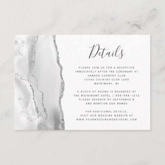 Moderne grijze zilveren geagate bruiloft - details informatiekaartje (Voorkant)