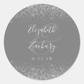 Moderne grijze zilveren glittersrand bruiloft ronde sticker (Voorkant)