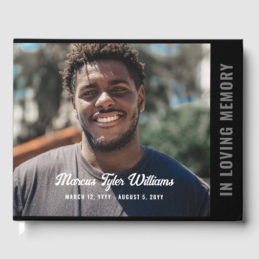 Moderne grijze zwarte foto in liefdevolle herinner gastenboek (Voorkant)