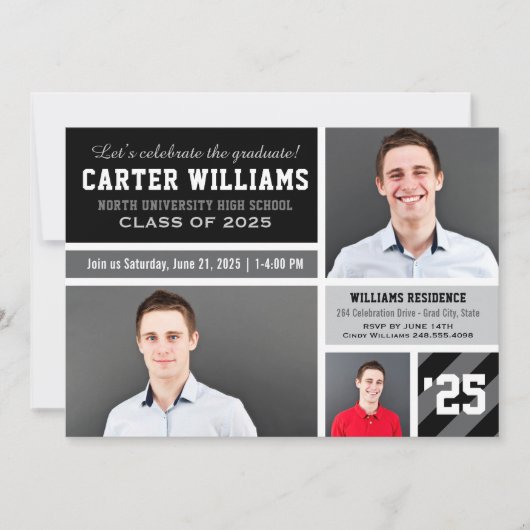 Moderne grijze zwarte striptekening Afstuderen fot Kaart (Voorkant)