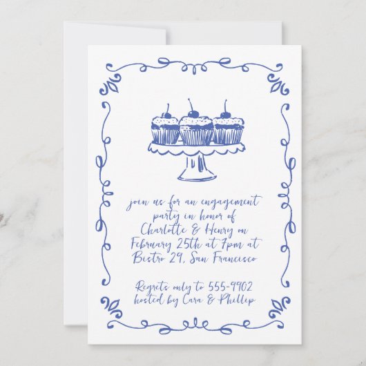 Moderne grillige cupcake doedel verlovingsfeest kaart (Voorkant)