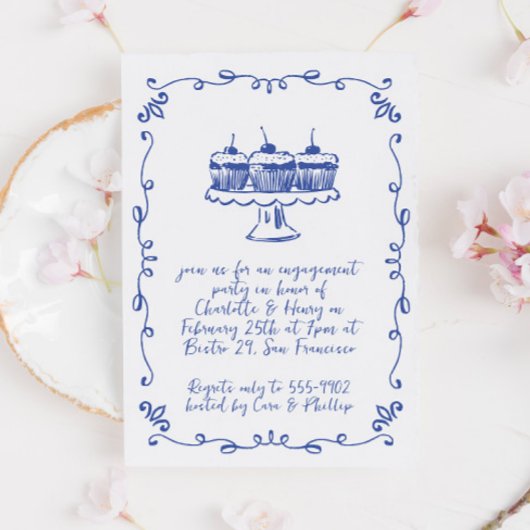 Moderne grillige cupcake doedel verlovingsfeest kaart