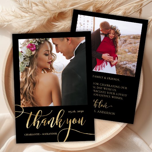 Moderne grillige enorme gouden script 2 foto bruil bedankkaart