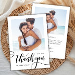 Moderne grillige enorme script 2 foto bruiloft bedankkaart<br><div class="desc">Moderne grillige boho chic enorme kalligrafie script 2 foto bruiloft dank u kaart. Stijlvolle bruiloft dank u sjabloon met een verticale foto op de voorkant met de tekst "Thank You" in een wervelende grillige hand belettering typografie swash tail font brush script in zwart-wit. Aan de achterkant pre-made dank u bericht...</div>