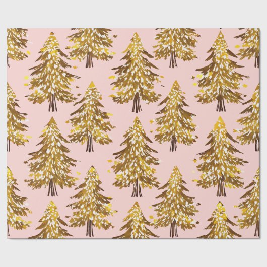 Moderne grillige feestdagen bomen goud roze patroo cadeaupapier (Zoom)