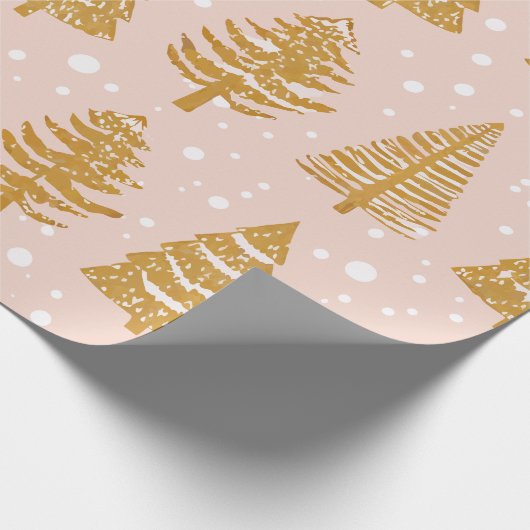 Moderne grillige feestdagen bomen goud roze patroo cadeaupapier (Hoek)