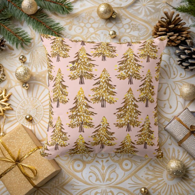 Moderne grillige feestdagen bomen goud roze patroo kussen (Creator heeft geüpload)