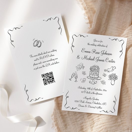 Moderne grillige Hand getrokken QR code bruiloft Kaart