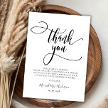 Moderne grillige kalligrafie script foto bruiloft bedankkaart<br><div class="desc">Moderne chique grillige kalligrafie script foto bruiloft dank u kaart. Stijlvolle bruiloft dank u sjabloon met een volledige verticale foto, "Dank u" tekst in een grillige wervelende hand belettering typografie swash tail lettertype script in zwart-wit. 2-zijdige kaart met pre-made bedankbericht aan de voorkant, en volledige foto aan de achterkant. Gemakkelijk...</div>
