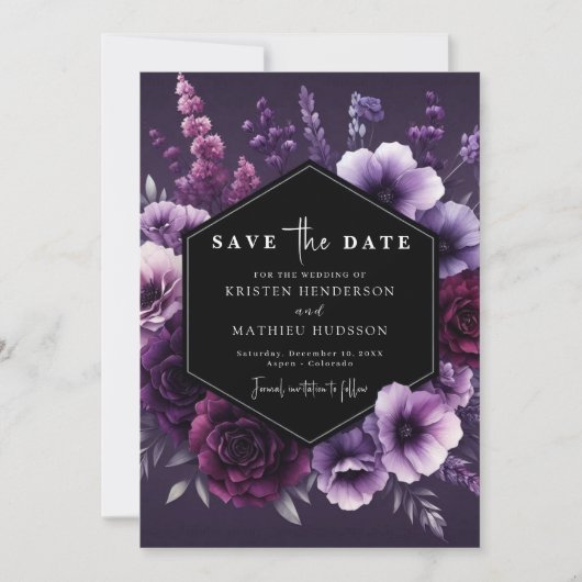 Moderne grillige Paarse bloemenbruiloft Save The Date (Voorkant)