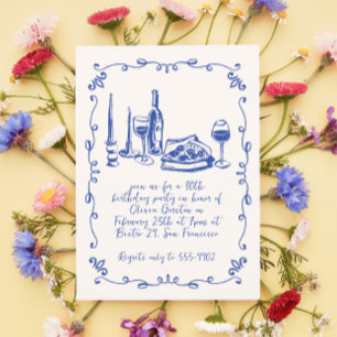 Moderne grillige Pizza Wijn Doodle Verjaardagsfees Kaart