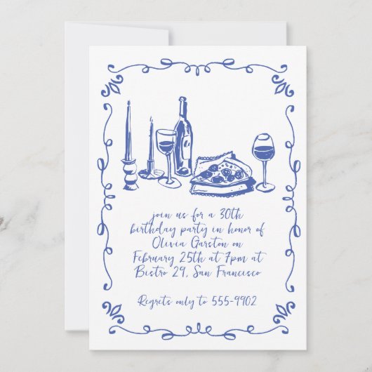 Moderne grillige Pizza Wijn Doodle Verjaardagsfees Kaart (Voorkant)