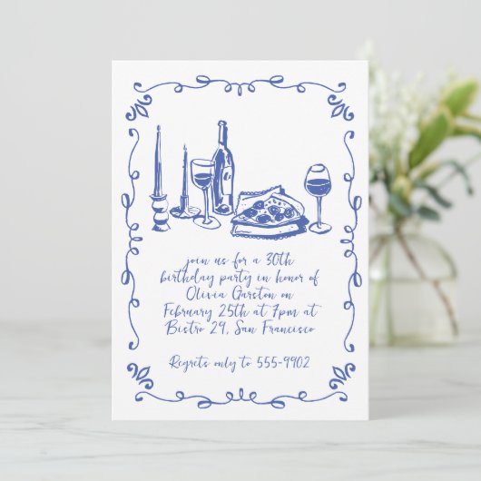 Moderne grillige Pizza Wijn Doodle Verjaardagsfees Kaart (Staand voorkant)