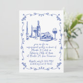 Moderne grillige Pizza Wine Doodle Verloving Kaart (Staand voorkant)