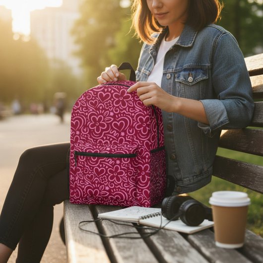 Moderne grillige rode roze bloem hart doedel bedrukte rugzak