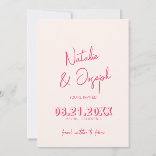 Moderne grillige roze heldere retro trendy bruilof save the date (Achterkant)