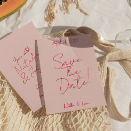 Moderne grillige roze rode kleurrijke retro bruilo save the date