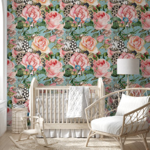 Moderne grillige Rozen en klokken patroonblauw Behang