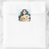 Moderne grillige vrouw en haar hond vierkante sticker (Tas)