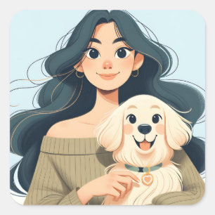 Moderne grillige vrouw en haar hond vierkante sticker