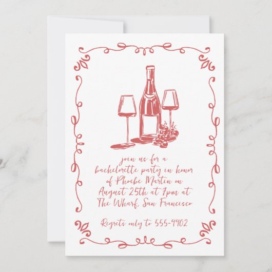 Moderne grillige wijn Doodle Bachelorette Party Kaart (Voorkant)