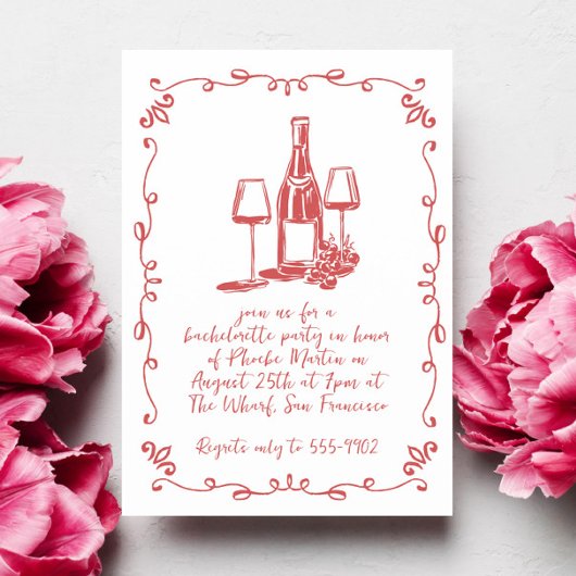 Moderne grillige wijn Doodle Bachelorette Party Kaart