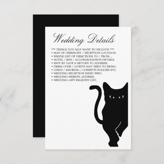 Moderne grillige zwarte kat bruiloft detail informatiekaartje (Voorkant / Achterkant)