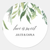 Moderne groen bladeren liefde is zoete bruiloft ronde sticker (Voorkant)