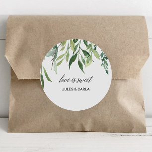 Moderne groen bladeren liefde is zoete bruiloft ronde sticker
