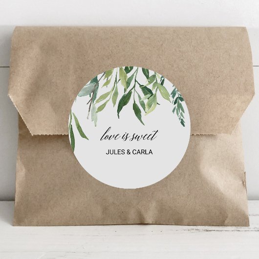 Moderne groen bladeren liefde is zoete bruiloft ronde sticker