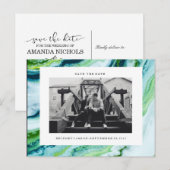 Moderne Groen Blauw marmeren Foto SAVE THE DATE Aankondigingskaart (Voorkant / Achterkant)