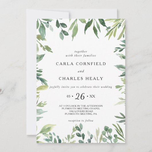 Moderne groen botanische bladeren bruiloft kaart (Voorkant)