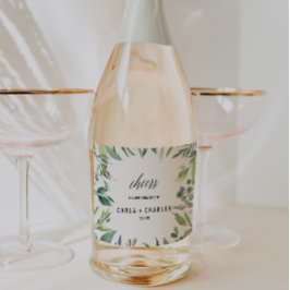 Moderne groen botanische bladeren bruiloft sparkling wijnetiket