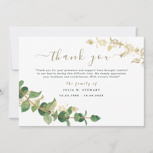 Moderne groen Eucalyptus begrafenis Dank u opmerki Kaart (Voorkant)