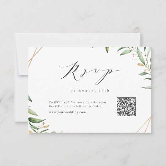 Moderne groen geometrische rustieke bruiloft QR-co RSVP Kaartje (Voorkant)
