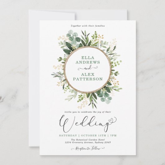 Moderne Groen Goud Botanische Groene Bruiloft Kaart (Voorkant)