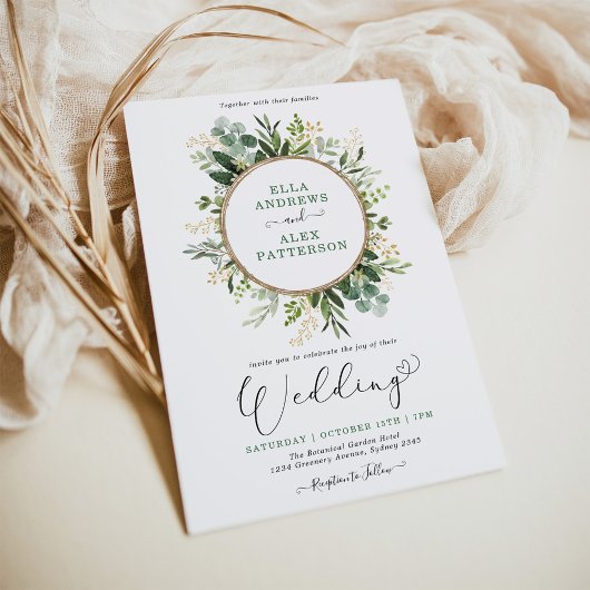 Moderne Groen Goud Botanische Groene Bruiloft Kaart