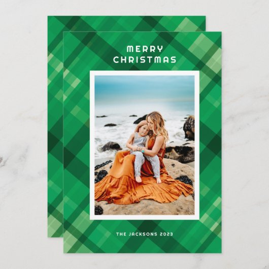 Moderne Groen Plaid Vrolijk Kerstmis Ontwerp Feestdagenkaart (Voorkant / Achterkant)