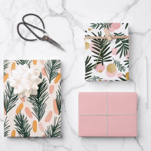 Moderne Groen Roze Gouden Kerstboom Branches Inpakpapier Vel (Voorkant)