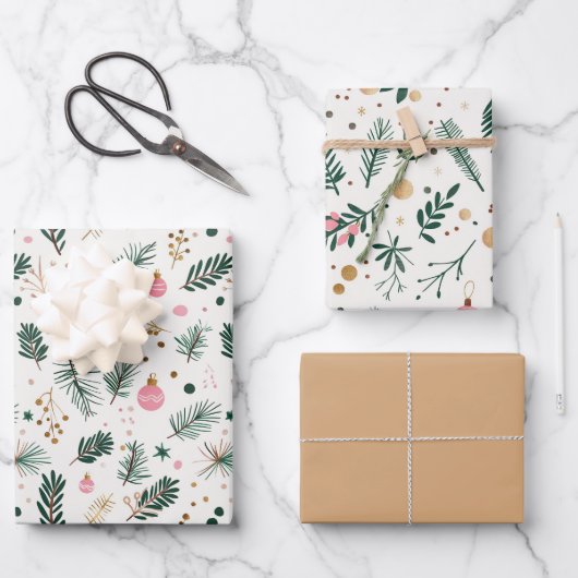 Moderne Groen Roze Gouden Kerstboom Branches Inpakpapier Vel (Voorkant)