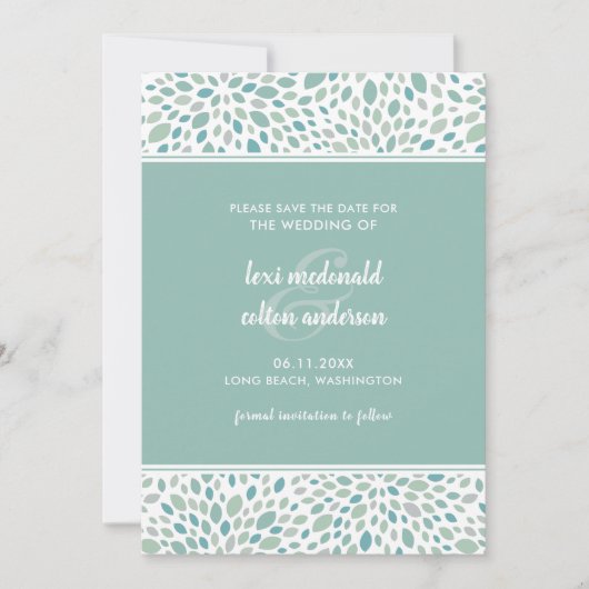Moderne groene Abstracte bloemenbruiloft aan zee Save The Date (Voorkant)