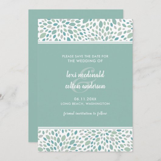 Moderne groene Abstracte bloemenbruiloft aan zee Save The Date (Voorkant / Achterkant)