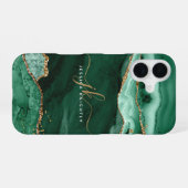 Moderne groene agaat gouden glitterscript monogram iPhone 16 hoesje (Achterkant horizontaal)