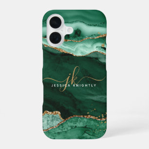 Moderne groene agaat gouden glitterscript monogram iPhone 16 hoesje
