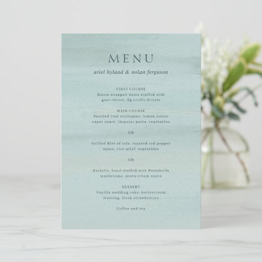 Moderne Groene Aquarel Elegante Trouwdag Menu (Staand voorkant)