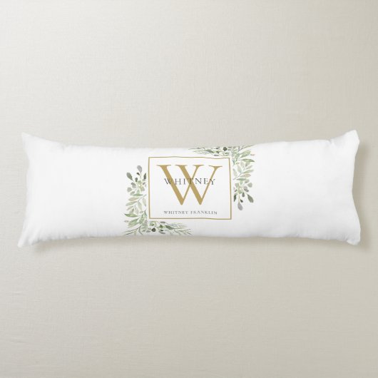 Moderne groene begroeiing gouden monogram lichaamskussen (Voorkant)