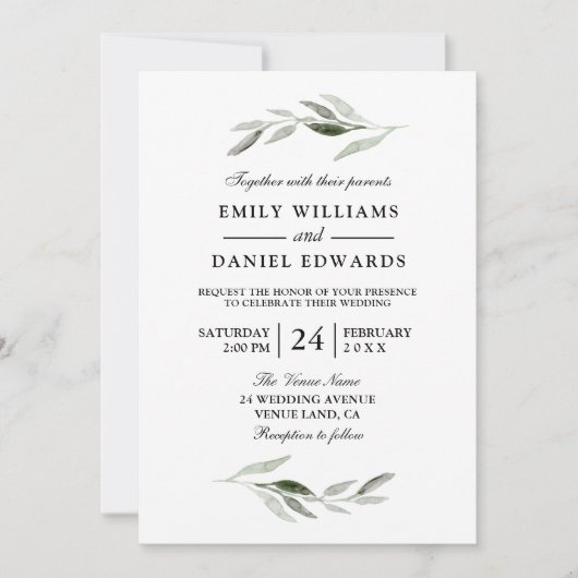 Moderne groene blad elegante trouw uitnodiging (Voorkant)