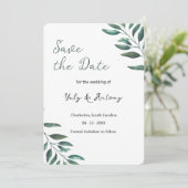Moderne Groene Blad Minimalistische Elegante Save The Date (Staand voorkant)