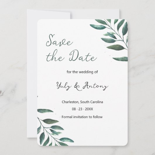 Moderne Groene Blad Minimalistische Elegante Save The Date (Voorkant)